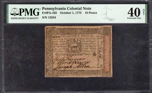 1773 Pennsylvania Colonial Currency PMG 40 NET PA-163 18 Pence Item #8085589-001