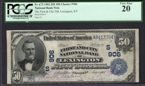 1902 $50 First City National Bank of Lexington Kentucky PCGS 20 Fr.673 CH#906 Item #80821462