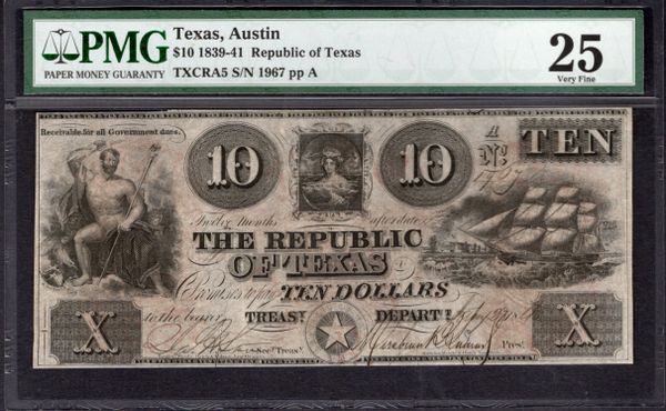 1839-1841 $10 Austin Republic of Texas PMG 25 Item #8051440-051