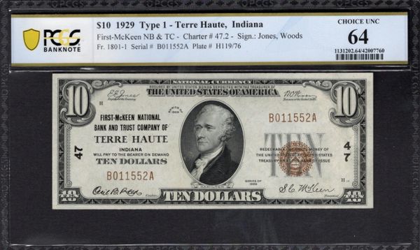 1929 $10 First-McKeen National Bank & Trust Co. Terre Haute Indiana PCGS 64 Fr.1801-1 Charter CH#47 Item #42007760