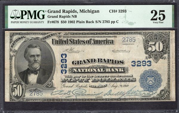 1902 $50 Grand Rapids National Bank Michigan PMG 25 Fr.678 Charter CH#3293 Item #1993234-003