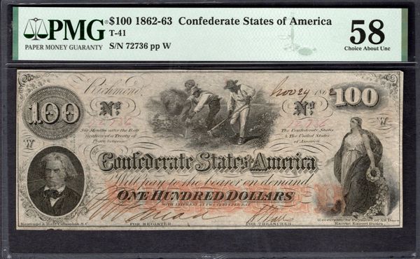 1862-1863 $100 Confederate Currency PMG 58 Civil War Note Item #1993140-011