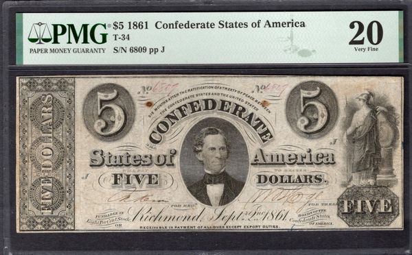 1861 $5 T-34 Confederate Currency PMG 20 Civil War Note Item #1993246-001
