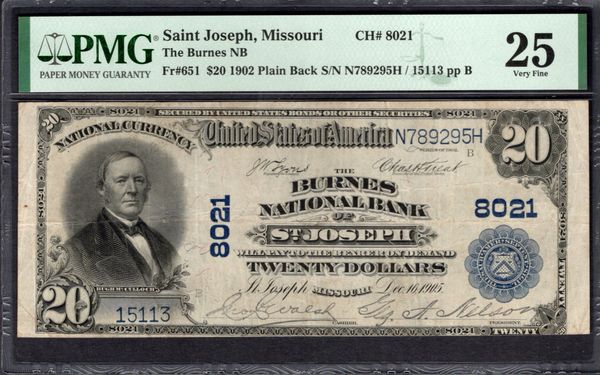 1902 $20 The Burnes National Bank of St. Joseph Missouri PMG 25 Fr.651 Charter CH#8021 Item #1991770-016