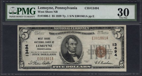 1929 $5 West Shore National Bank Lemoyne Pennsylvania PMG 30 Fr.1800-1 Charter CH#13494 Item #1530306-004