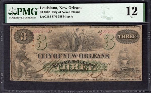 1862 $3 City of New Orleans Louisiana PMG 12 Item #1992475-004