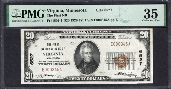 1929 $20 The First National Bank of Virginia Minnesota PMG 35 Fr.1802-1 Charter CH#6527 Item #1993176-004