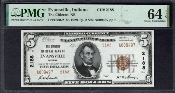 1929 $5 The Citizens' National Bank of Evansville Indiana PMG 64 EPQ Fr.1800-2 Charter CH#2188 Item #1993690-007