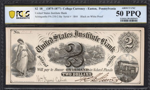 1875-1877 $2 United States Institute Bank Easton Pennsylvania PCGS 50 PPQ Item #43039451