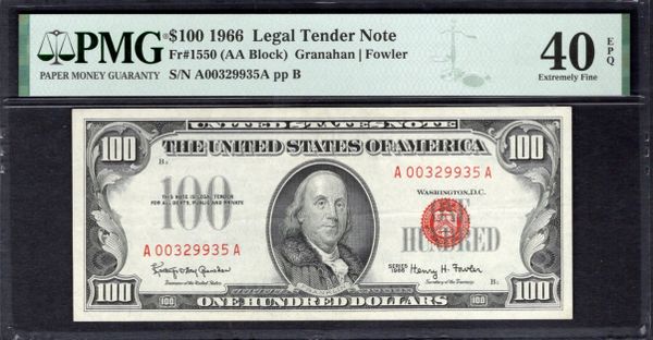 1966 $100 Legal Tender PMG 40 EPQ Fr.1550 Item #1993421-001