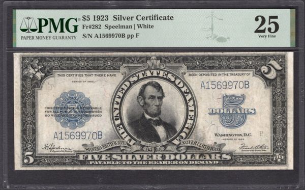 1923 $5 Silver Certificate Porthole Note PMG 25 Fr.282 Item #1993588-006