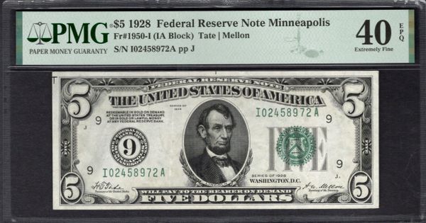 1928 $5 Minneapolis FRN PMG 40 EPQ Fr.1950-I Series Key Note Item #1993741-007