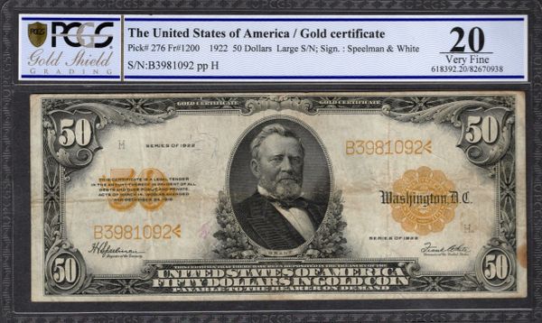 1922 $50 Gold Certificate PCGS 20 Fr.1200 Item #82670938