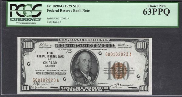 1929 $100 Chicago FRBN PCGS 63 PPQ Fr.1890-G Item #80561390