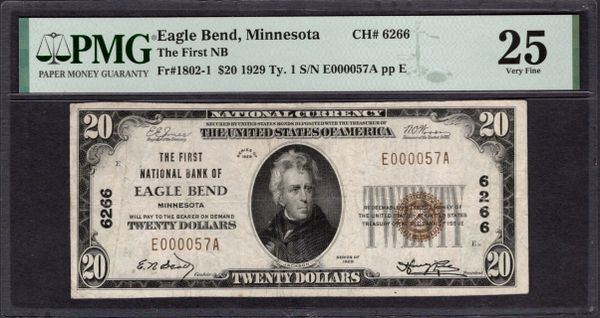 1929 $20 First National Bank of Eagle Bend Minnesota PMG 25 Fr.1802-1 CH#6266 Item #1993175-017