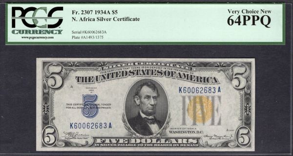 1934A $5 N. Africa Silver Certificate PCGS 64 PPQ Fr.2307 Item #59030994
