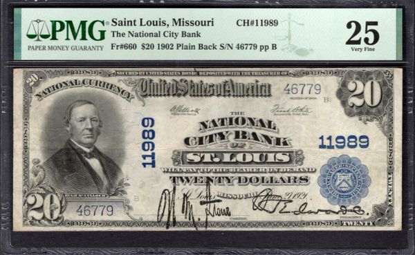 1902 $20 National City Bank of St. Louis Missouri PMG 25 Fr.660 CH#11989 Item #1991771-006