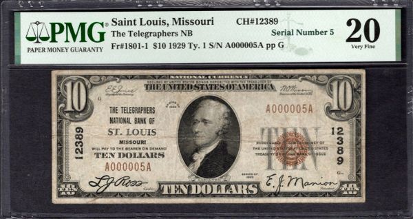 1929 $10 Telegraphers National Bank St. Louis Missouri PMG 20 Fr.1801-1 Single Digit Serial Number 5 CH#12389 Item #8082501-001