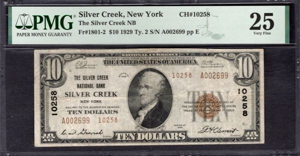 1929 $10 Silver Creek National Bank New York PMG 25 Fr.1801-2 CH#10258 Item #8082737-003