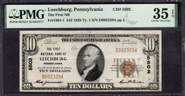 1929 $10 First National Bank of Leechburg Pennsylvania PMG 35 EPQ Fr.1801-1 CH#5502 Item #8082737-001