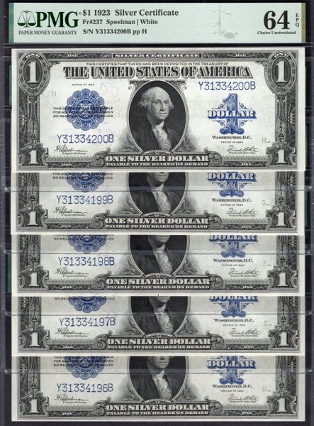 Lot of Five Consecutive 1923 $1 Silver Certificates PMG 58,62,64,64&66 Fr.237 Item #1993408-001/005