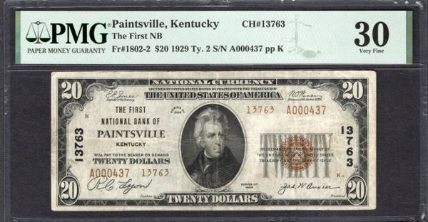 1929 $20 First National Bank of Paintsville Kentucky PMG 30 Fr.1802-2 CH#13763 Item #1993441-002