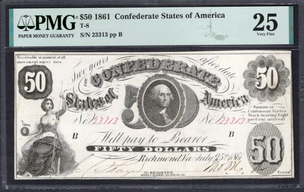 1861 $50 T-8 Confederate Currency PMG 25 Item #1994079-004