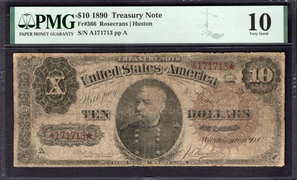 1890 $10 Treasury Sheridan Note PMG 10 Fr.366 Item #1993865-002