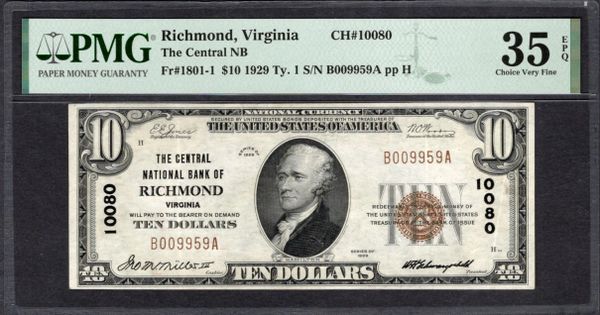 1929 $10 Central National Bank of Richmond Virginia PMG 35 EPQ Fr.1801-1 CH#10080 Item #2078738-009