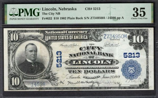 1902 $10 City National Bank of Lincoln Nebraska PMG 35 Fr.632 CH#5213 Item #1993611-003