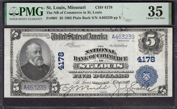 1902 $5 National Bank of Commerce St. Louis Missouri PMG 35 Fr.601 CH#4178 Item #2078738-014