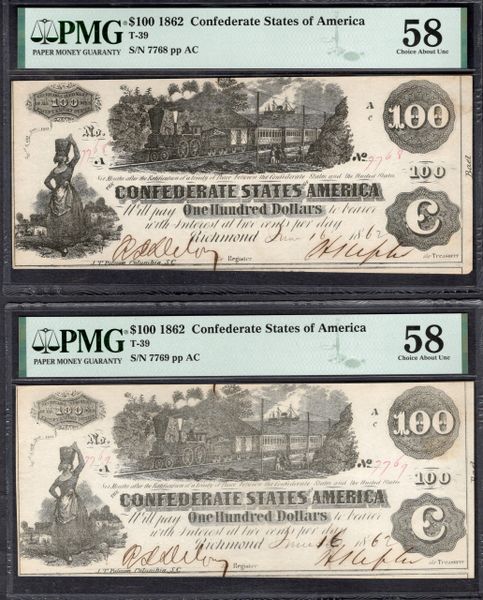 Lot of Two Consecutive 1862 $100 T-39 Confederate Notes PMG 58 Item #2079362-010/011