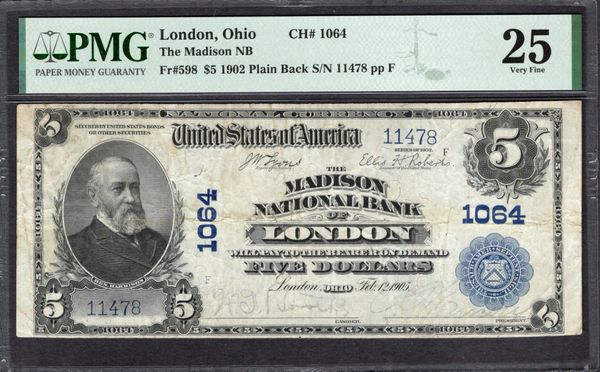 1902 $5 The Madison National Bank London Ohio PMG 25 Fr.598 CH#1064 Item #2078738-015