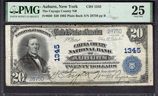 1902 $20 Cayuga County National Bank Auburn New York PMG 25 Fr.650 CH#1345 Item #2078738-017