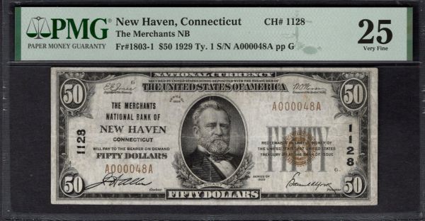1929 $50 Merchants National Bank New Have Connecticut PMG 25 Fr.1803-1 CH#1128 Item #2021453-006