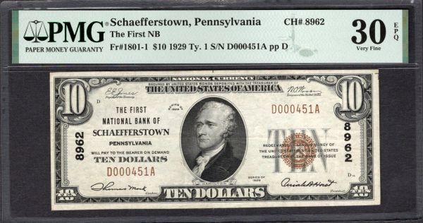 1929 $10 First National Bank Schaefferstown Pennsylvania Fr.1801-1 CH#8962 Item #2079362-008