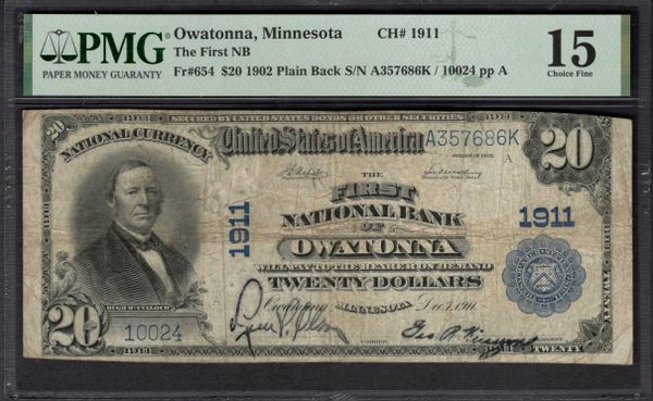 1902 $20 First National Bank Owatonna Minnesota PMG 15 Fr.654 CH#1911 Item #2023899-006