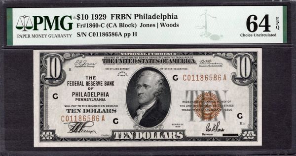1929 $10 Philadelphia FRBN PMG 64 EPQ Fr.1860-C Item #1991442-001