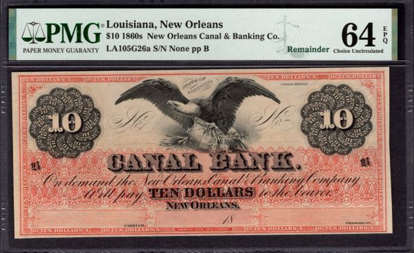 1860s $10 Canal Bank New Orleans Louisiana PMG 64 EPQ Item #8071949-023