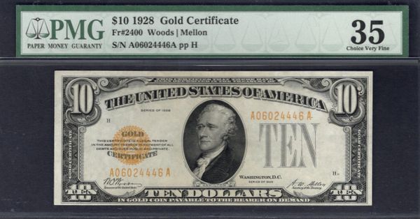 1928 $10 Gold Certificate PMG 35 Fr.2400 Item #1161254-004