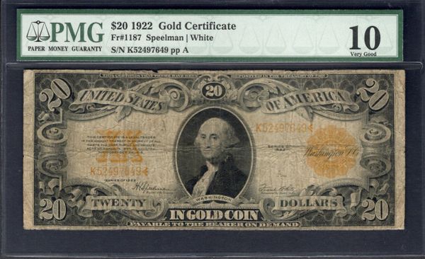 1922 $20 Gold Certificate PMG 10 Fr.1187 Item #8001328-002