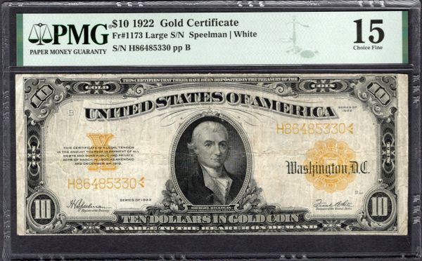 1922 $10 Gold Certificate PMG 15 Fr.1173 Item #1994165-001