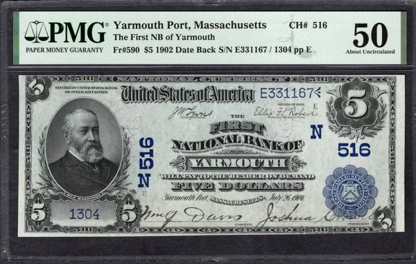 1902 $5 First National Bank of Yarmouth Massachusetts PMG 50 Fr.590 CH#516 Item #2020168-039