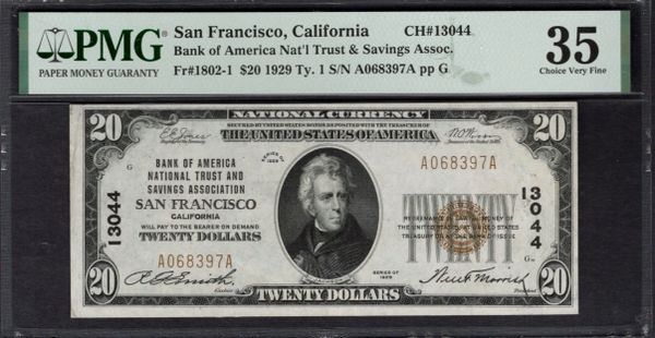 1929 $20 Bank of America National San Francisco California PMG 35 Fr.1802-1 CH#13044 Item #2020168-006