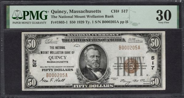 1929 $50 National Mount Wollaston Bank of Quincy Massachusetts PMG 30 Fr.1803-1 CH#517 Item #2021885-019