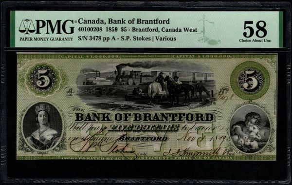 1859 $5 Canada, Bank of Brantford, Canada West PMG 58 Cat.40100208 Item #2001369-013