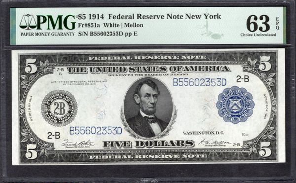 1914 $5 New York FRN PMG 63 EPQ Fr.851a Item #1960940-003