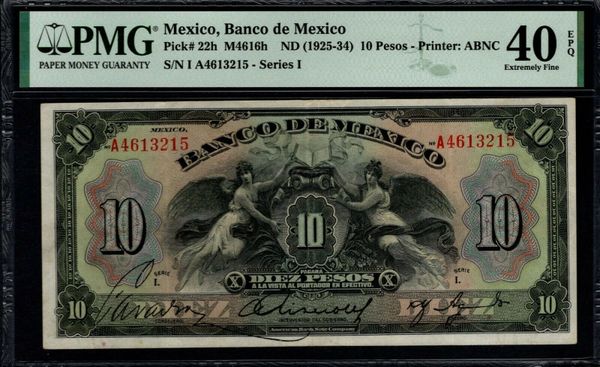 1925-1934 Mexico, Banco de Mexico 10 Pesos PMG 40 EPQ Pick #22h Item #2001503-003