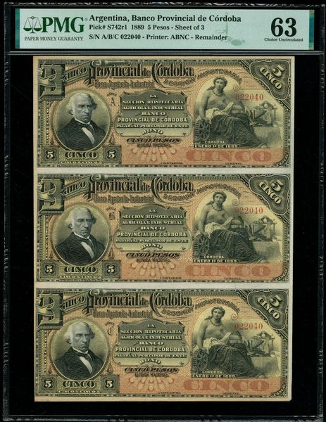 1889 Uncut Sheet Argentina, Banco Provincial Cordoba 5 Pesos PMG 63 Pick #S742rl Item #1888390-007