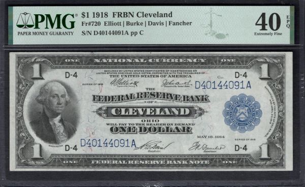 1918 $1 Cleveland FRBN PMG 40 EPQ Fr.720 Item #1993934-022